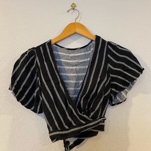 Black and grey striped cropped wrap top / blouse